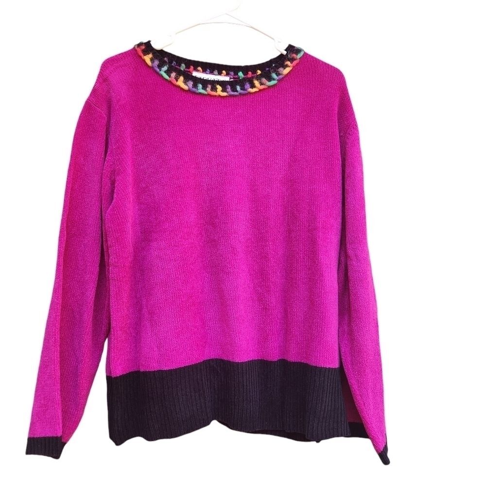 Vintage Richard & Company L Pink Black Rainbow Trim Acrylic 80s Sweater Pullover